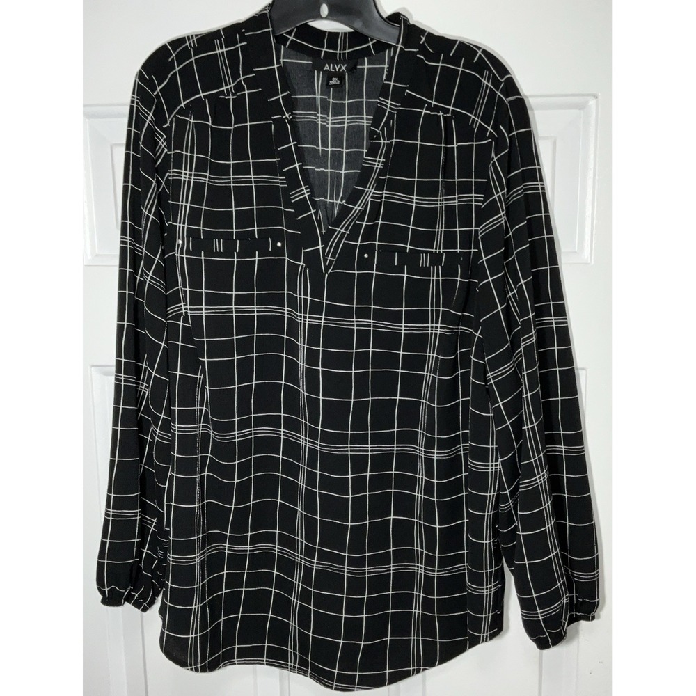 Alyx Black/White Checkered Business/Casual V-Neck Plus Size Blouse Women 0X